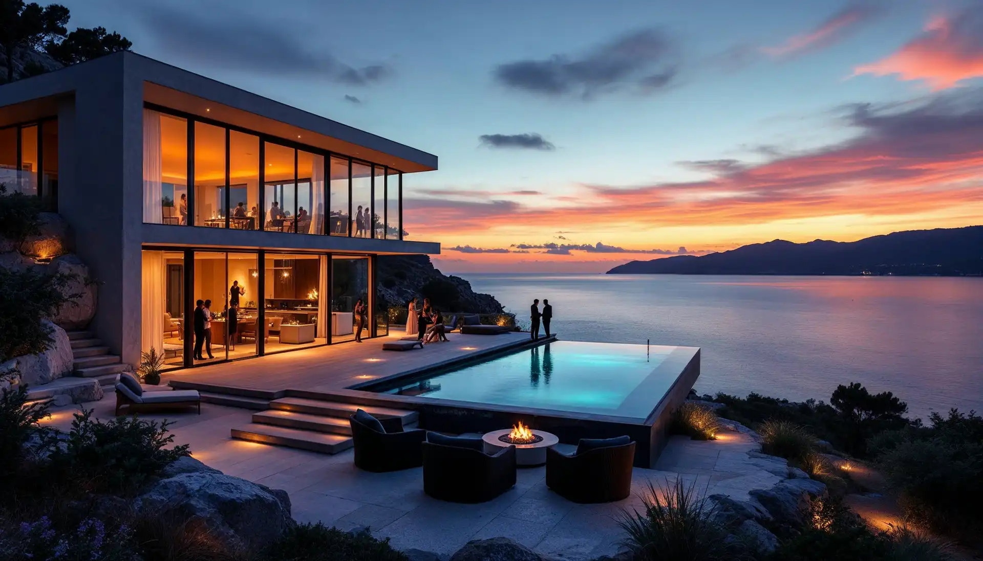 Una piscina desbordante al anochecer reflejando el cielo sobre la costa