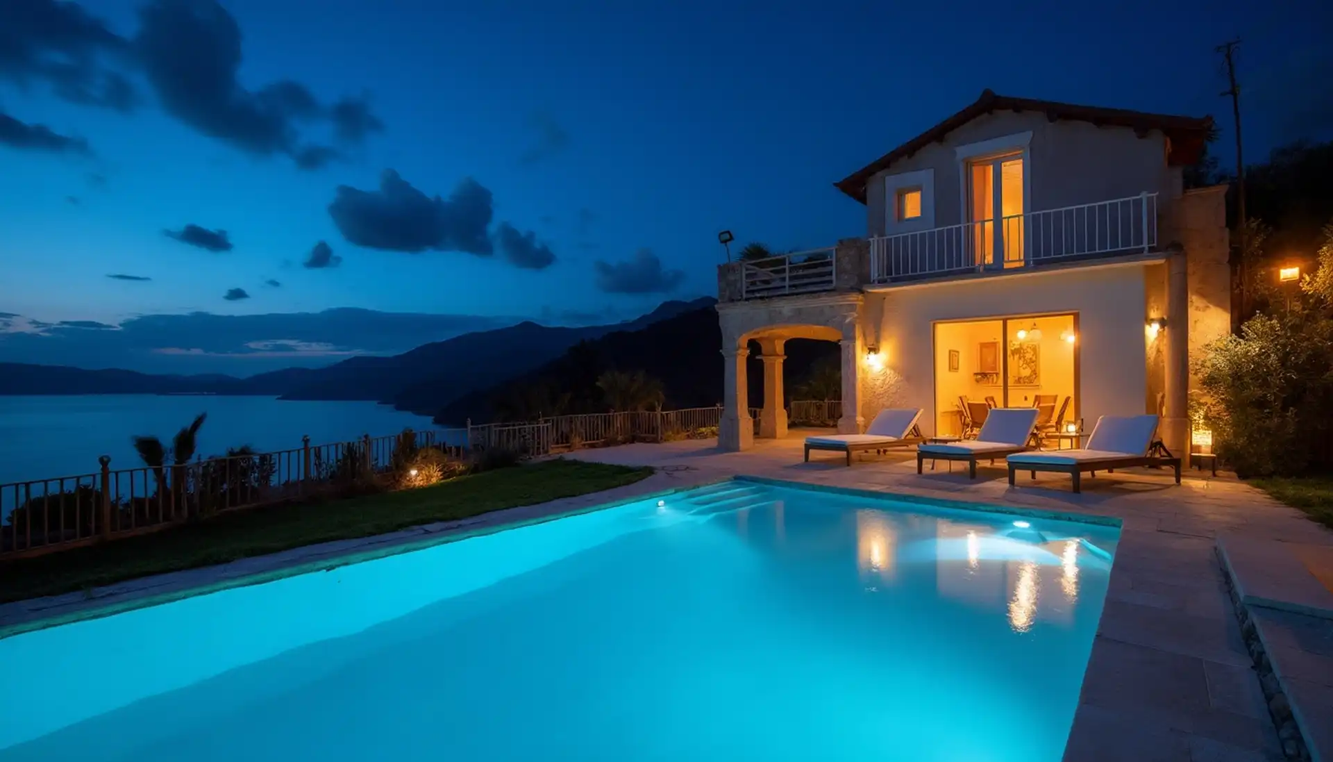 Una piscina de revestimiento claro leyendo turquesa en la hora azul