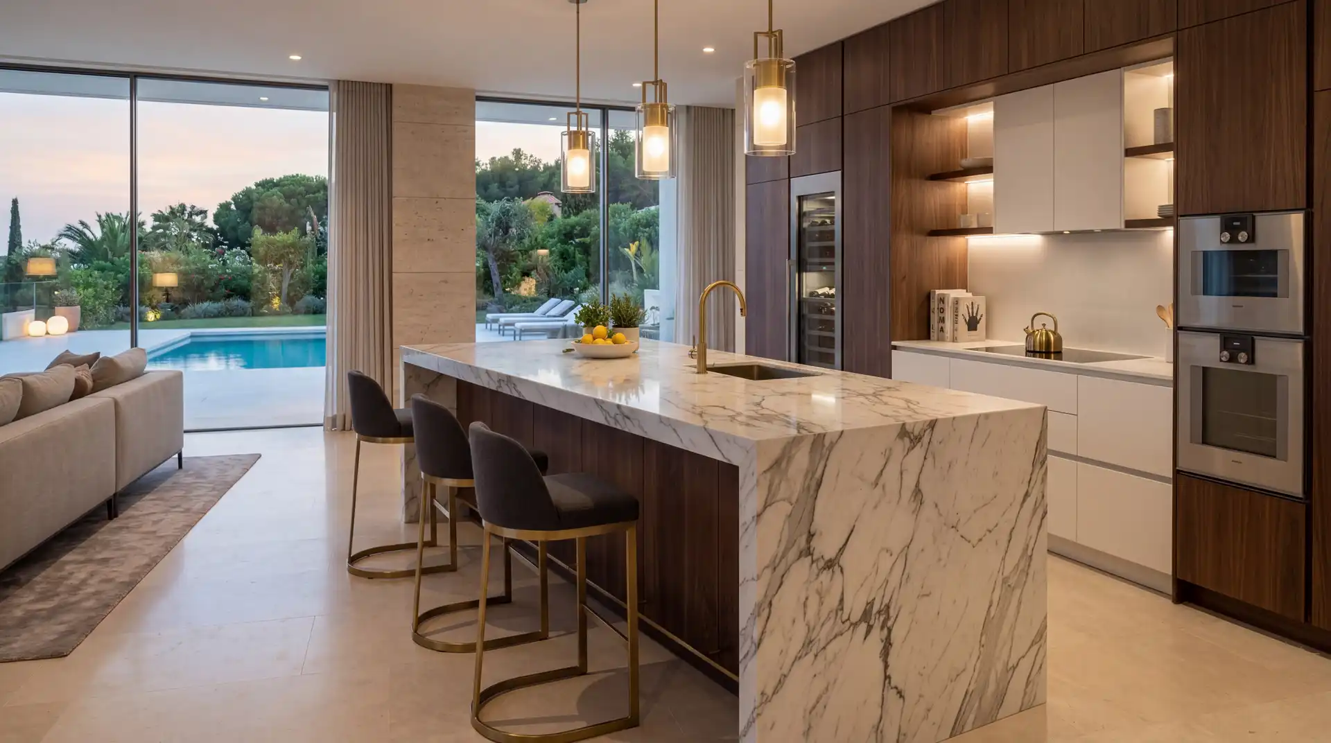 Una isla de cocina con encimera de piedra y una pared de armarios altos en madera clara