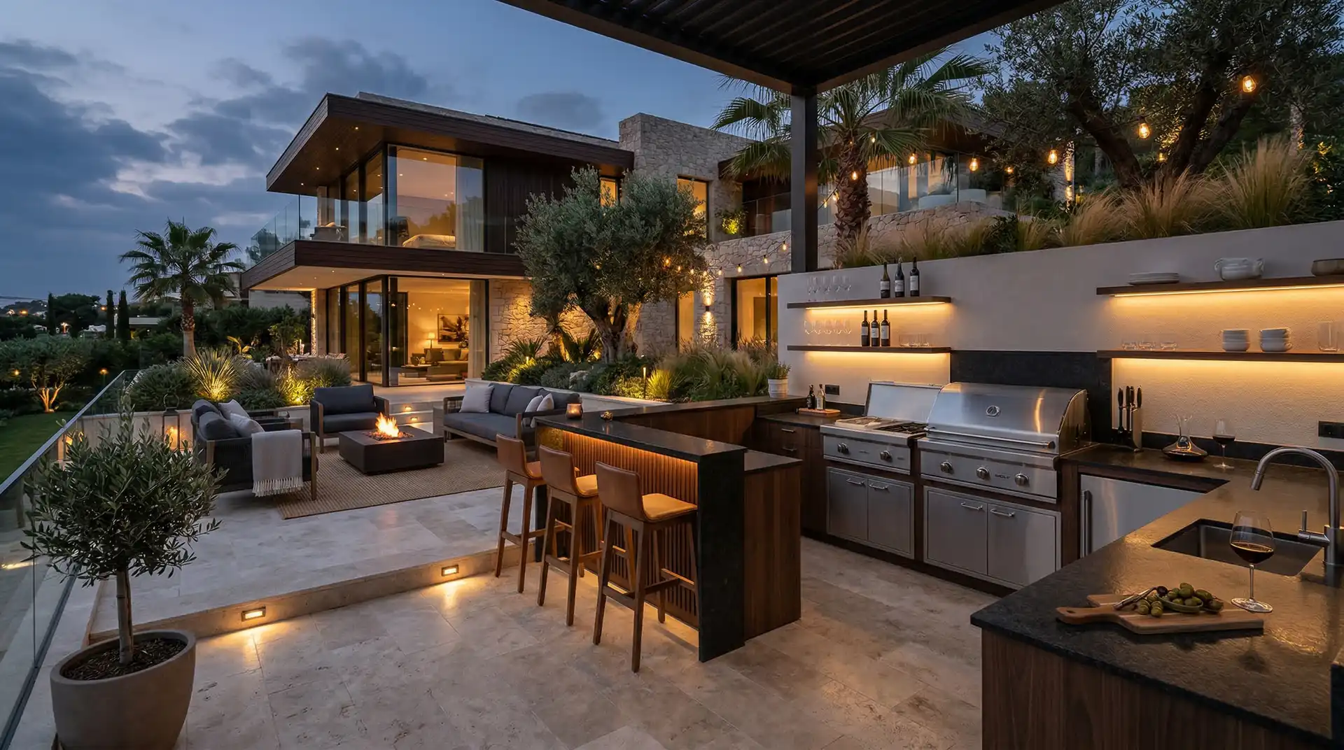 Una cocina exterior con encimera de piedra, parrilla y asientos de barra al anochecer