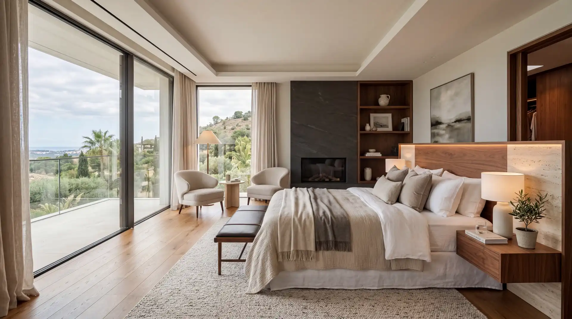Un dormitorio tranquilo con ropa de cama de lino, un cabecero bajo y luz de mar al fondo